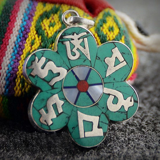 Nepal 925 Sterling Silver Turquoise Kalachakra Om Mani Padme Hum Pendant